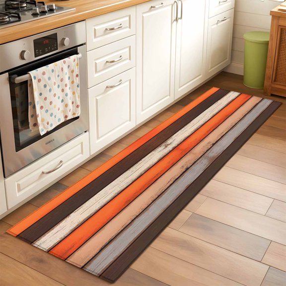 Coastal Style Washable Area Rug 2x6 111 Vintage Orange Brown Stripe Wood Texture Low-Profile Area Rugs with Non Slip Backing Indoor Floor Carpet for Entrance Living Room Bedroom Home Office