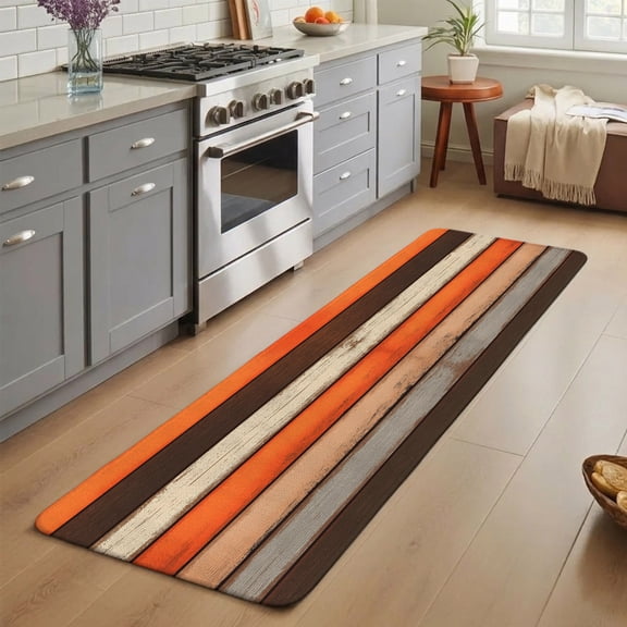 Coastal Style Washable Runner Rug 1.4x4 ft Vintage Orange Brown Stripe Wood Texture Non-Slip Hallway Runner Rug, Linen Kitchen Runner Mats, Indoor Floor Carpet for Entryway Bathroom Bedroom