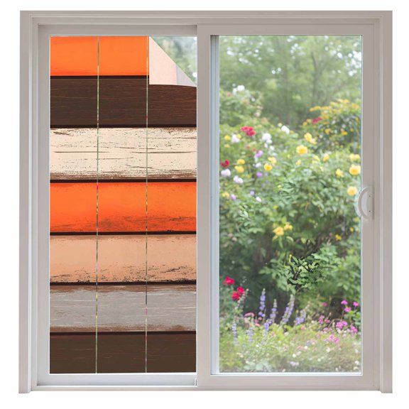 Coastal Style Window Privacy Film Vintage Orange Brown Stripe Wood Texture Decorative Glass Window Film UV Blocking Static Cling Non-Adhesive Sticker Covering for Home Door 35.4x78.7 inches
