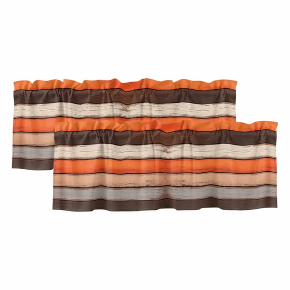 Coastal Style Window Valance, Vintage Orange Brown Stripe Wood Texture 2 Pack Decorative Curtain for Small Windows, Light Filtering Valance with 3” Rod Pocket, 42"W x 12"L