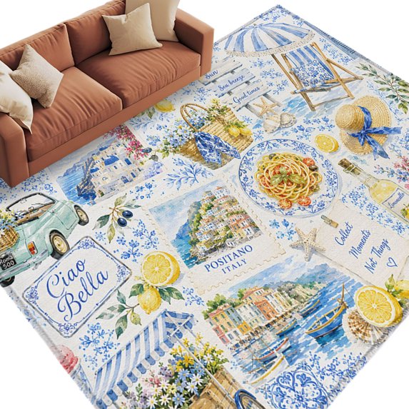 Coastal Summer Area Rug 5x7 Washable Rug Non Slip Blue Farmhouse Lemon Hats Car Floral Large Area Rug Soft Stainresistant Indoor Floor Carpet for Living Room Bedroom Home Office Dining Room Nursery