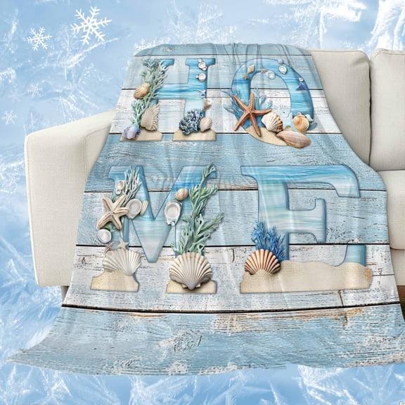 Coastal Summer Beach Cooling Blanket, Lightweight Breathable Summer Throw Blanket with Double Sided Cold Effect, Blue Wooden Shell Ocean Picnic Beach Blankets Bed Sheet for Hot Sleepers 30"x40"