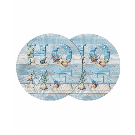 Coastal Summer Beach Round Placemats Set of 2 for Dinning Tables,Heat-proof Braided Table Mats 13 Inch,Blue Wooden Shell Ocean Washable Place Mat for Kitchen Restaurant Party Decor Table Setting