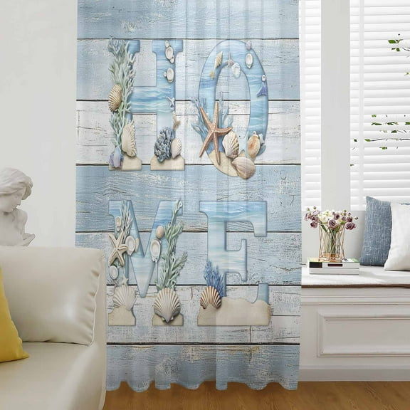 Coastal Summer Beach Semi Sheer Curtains Drapes for Living Room, Bedroom, French Doors Window 45 Inches Long, Blue Wooden Shell Ocean Rod Pocket Chiffon Curtain Drapery Voile Draperies Panel