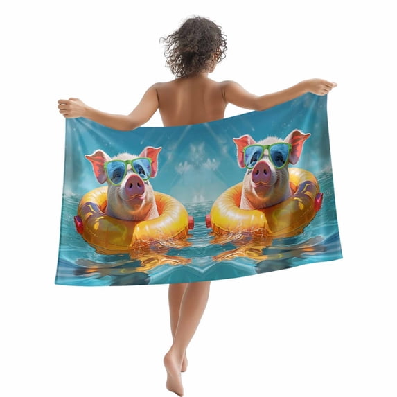 Coastal Summer Beach Towels Blanket Soft&Absorbent Quick Dry Microfiber Ocean Swimming Circle Pig Mirrors Pool Towels for Swimming ,Yoga, Sports, Gym, Camping,Large 30X60in, Blue Pink