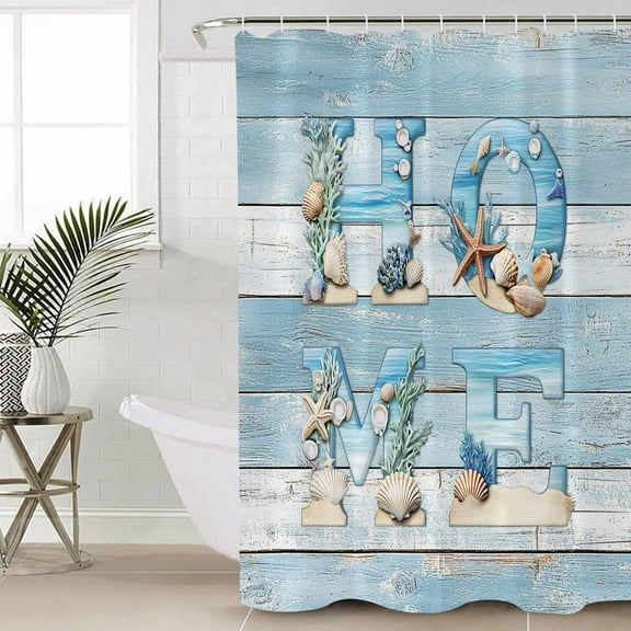 Coastal Summer Beach Waterproof Fabric Shower Curtain, Blue Wooden Shell Ocean Shower Curtain for Bathroom Curtains Bathtubs Hotel Washable Shower Curtains with 12 Hooks Extra Long 72x84