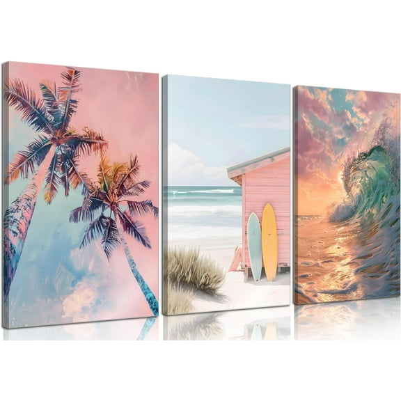 Coastal Summer Surf Canvas Wall Art Preppy Aesthetic Tropical Beach Painting Picture Wall Decor Palm Trees Surfboard Waves Poster Print Artwork for Bathroom Bedroom Living Room Home Decoration
