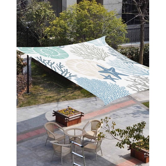 Coastal Sun Shade Sail 14'x18' Rectangle Outdoor Shade Canopy, Summer Beach Nautical Coral Starfish Porch Shades Outdoor Sun Blocking Screen, Sunshade Cloth Covers for Patio/Deck/Garden