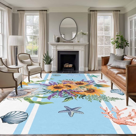 Coastal Sunflower 6'x9' Area Rug for Living Room, Blue Summer Beach Starfish Shell Non-Slip Floor Mat Rugs for Bedroom Dining Room, Indoor Large Carpet for Classroom, Nursery Rugs for Playroom
