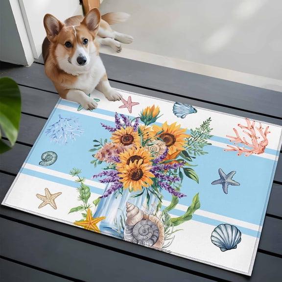Coastal Sunflower Bathroom Mat 2x3 FT, Non Slip Small Kitchen Mat, Blue Summer Beach Starfish Shell Washable Soft Backed Front Door Throw Rug Non-Shedding Indoor Outdoor Doormat for Entryway Sink