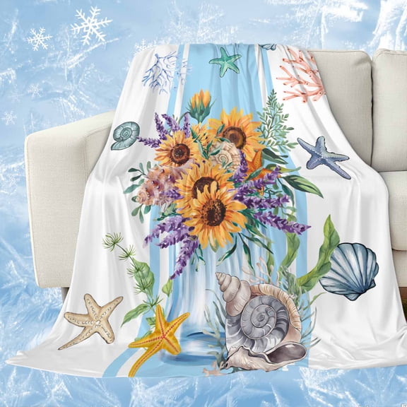 Coastal Sunflower Cooling Blanket, Lightweight Breathable Summer Throw Blanket with Double Sided Cold Effect,Blue Summer Beach Starfish Shell Picnic Beach Blankets Bed Sheet for Hot Sleepers 30"x40"