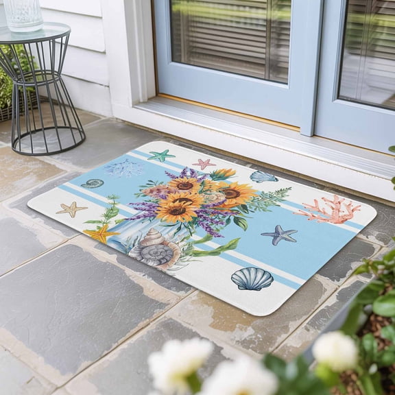 Coastal Sunflower Door Mat Indoor Outdoor, Blue Summer Beach Starfish Shell Non Slip Welcome Mat with Rubber Backing, Absorbent Fabric Front Door Mats Entryway Rug for Home Patio Entrance 24"x36"