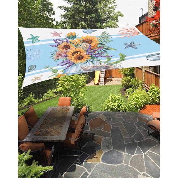 Coastal Sunflower Sun Sail Shades Rectangle Canopy,Sunlight Block Heavy Duty Curved Backyard Shade Cover,Blue Summer Beach Starfish Shell Waterproof Sun Shades for Patios Garden Pergola 6.5'x10'