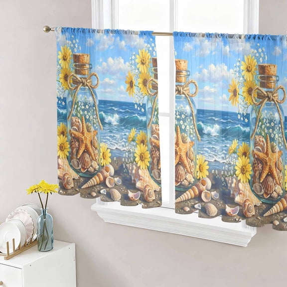 Coastal Sunflowers Sheer Curtains 45 Inch Length 2 Panels Set, Summer Beach Bottles Starfish Conch Daisy Voile Window Treatment Rod Pocket Small Kitchen Curtains Drapes for Bedroom 52"x45"x2