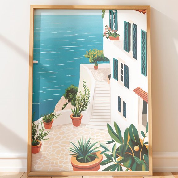 Coastal Sunlit Whitewashed Houses On Mediterranean Hillside Bright Beach House Tranquil Summer Illustration Travel Decorative Wall Art Poster , Poster Print Only