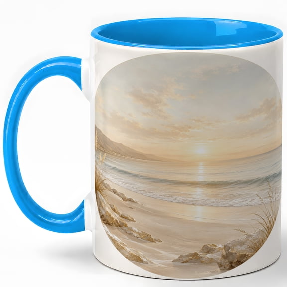 Coastal Sunrise Coffee Mug, Peaceful Beach Mug, Ocean Lover Birthday Christmas Gift, Neutral Seashore Wave Sand Dune Landscape Art, 11 oz White Ceramic Coffee Cup Gift for Tea