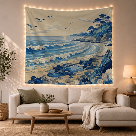 Coastal Sunrise with Tide Pools and Rocky Cliffs, Serene Illustration for Nature Lovers, Ocean Wall Art, Housewarming Gift Tapestry Wall Hanging for Bedroom and Living Room