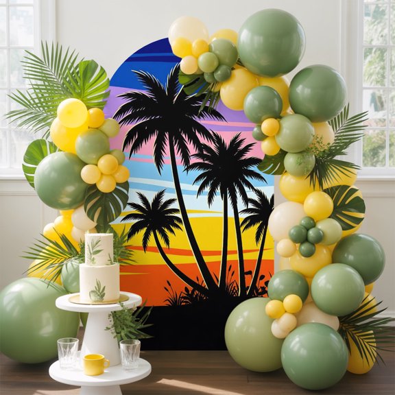 Coastal Sunset Arch Backdrop Cover, 4FT, Palm Trees Beach Ocean Summer Spandex Arch Covers Double-Sided Backdrop for Wedding Birthday Party Photo Background Decoration