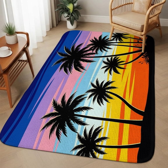 Coastal Sunset Area Rugs for Living Room 5x6, Palm Trees Beach Ocean Summer Washable Area Rug with Non Slip Backing, Stain Resist Linen Carpet for Bedroom, Dining Room, Entryway, Entrance
