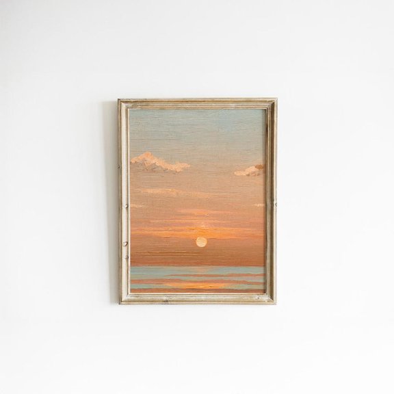 Coastal Sunset Art – Warm Peach & Blue Seascape Unframed Paper Print