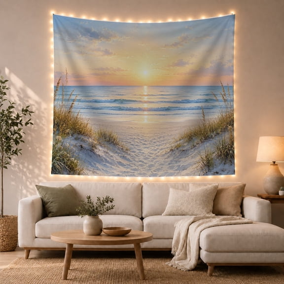 Coastal Sunset Beach with Sandy Dunes and Ocean Waves, Serene Coastal for Ocean Lovers, Nature Landscape Wall Art, Housewarming Gift Tapestry Wall Hanging for Bedroom and Living Room
