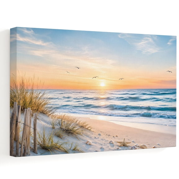 Coastal Sunset Canvas Wall Art 10" x 8" Natural Ocean Waves Starfish Sand Rustic Frame Picture Prints, Ready to Hang Waterproof Artwork Decor for Bathroom, Kitchen Small Wall Spaces