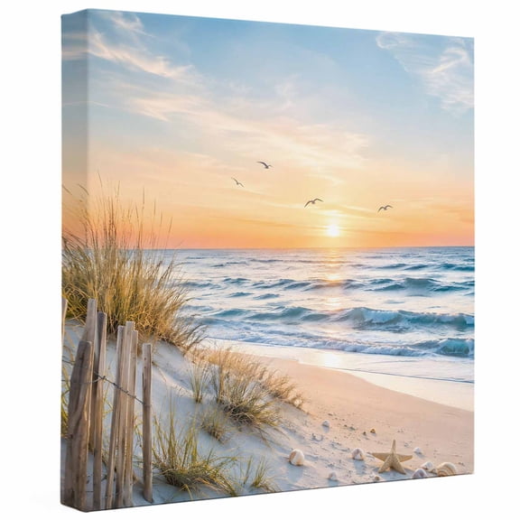 Coastal Sunset Canvas Wall Art Framed Wall Decor for Living Room Bedroom Bathroom, Natural Ocean Waves Starfish Sand Rustic Canvas Pictures Ready to Hang Decor, 8"x8"