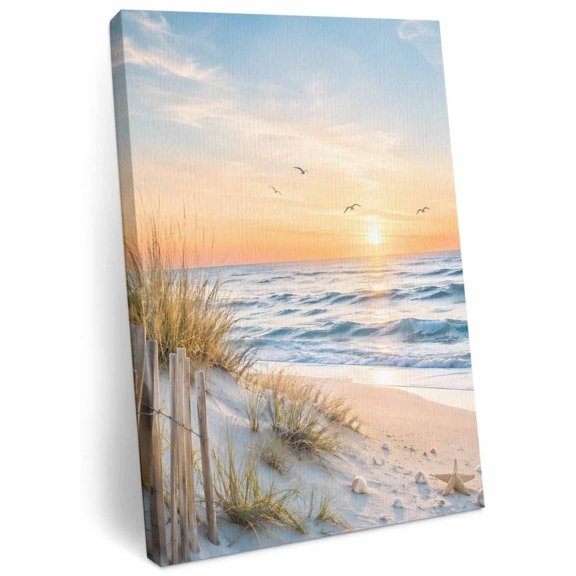 Coastal Sunset Canvas Wall Art Framed Wall Decor for Living Room Bedroom Bathroom, Natural Ocean Waves Starfish Sand Rustic Canvas Pictures Ready to Hang Decor, 8"x10"