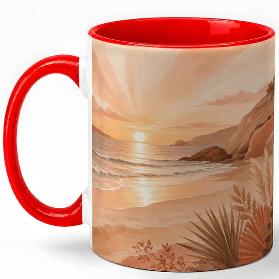 Coastal Sunset Coffee Mug, Boho Beach Ocean Landscape Design, 11 oz Ceramic Cup