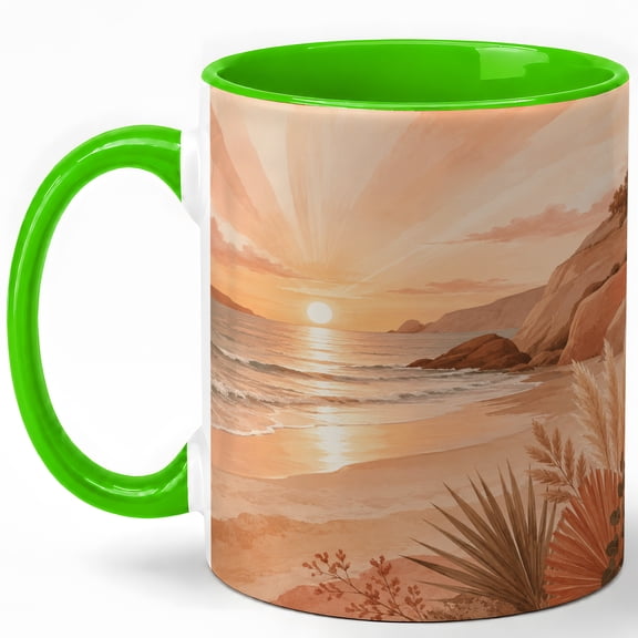 Coastal Sunset Coffee Mug, Boho Beach Ocean Landscape Design, 11 oz Ceramic Cup