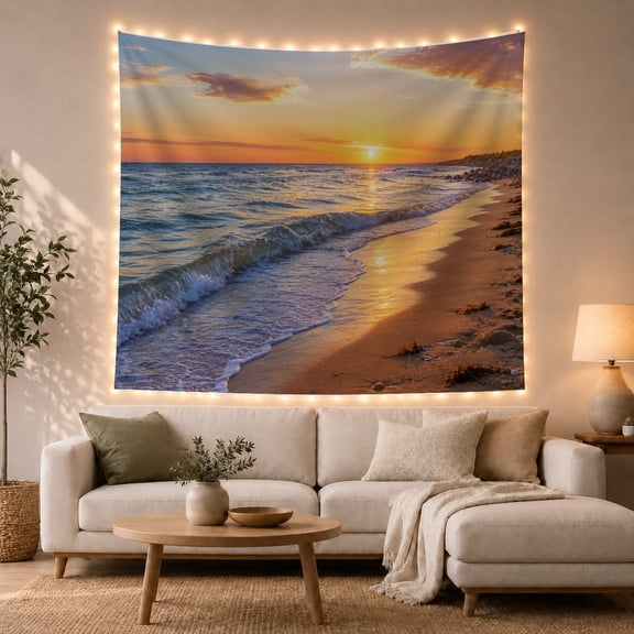 Coastal Sunset Over Foamy Ocean Waves, Serene Digital Art for Beach Lovers, Seashore Wall Art, Housewarming Gift, Tapestry Wall Hanging for Bedroom and Living Room