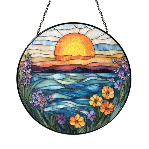 Coastal Sunset Ocean Stained Glass Suncatcher, Round Window Hanging with Waves and Flowers for Relaxing Home Style