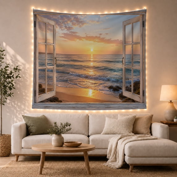 Coastal Sunset Through an Open Window, Serene Coastal for Beach Lovers, Ocean View Wall Art, Housewarming Gift, Tapestry Wall Hanging for Bedroom and Living Room