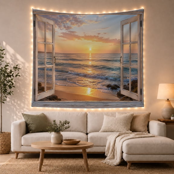 Coastal Sunset Through an Open Window, Serene Coastal for Beach Lovers, Ocean View Wall Art, Housewarming Gift, Tapestry Wall Hanging for Bedroom and Living Room