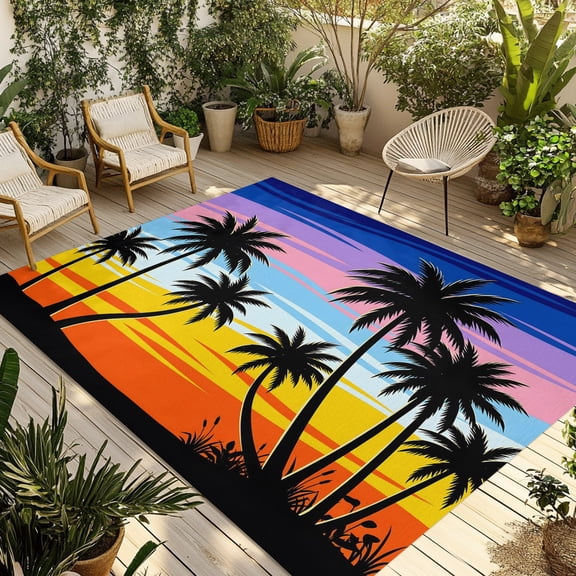 Coastal Sunset Outdoor Rug 4x6 ft Palm Trees Beach Ocean Summer Non Slip Patio Rug Washable Absorbent Large Outdoor Carpet Outside Mat for Porch RV Garden Camping