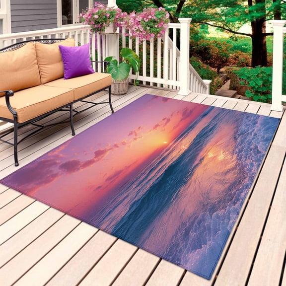 Coastal Sunset Outdoor Rug for Patio/Deck/Porch, Non-Slip Large Area Rug 4 x 6 Ft, Summer Beach Seaside Ocean Waves Indoor Outdoor Rugs Washable Area Rugs, Reversible Camping Rug Carpet Runner