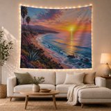 Coastal Sunset with Palm Trees and Ocean Waves on Sandy Beach, Romantic ...