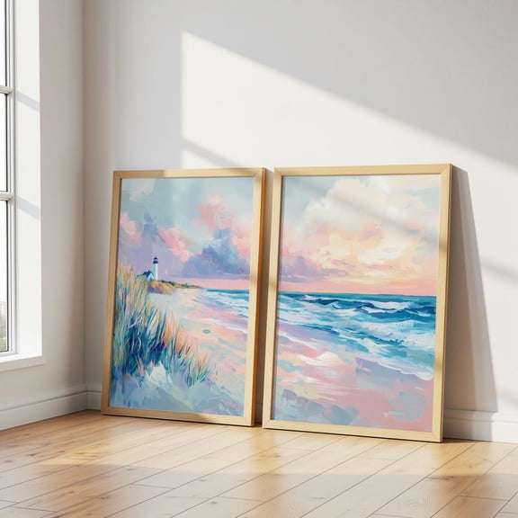 Coastal Sunset Print Lighthouse and Ocean Waves Beach House Nautical Wall Art Set 2 Stretched Canvas 12x18