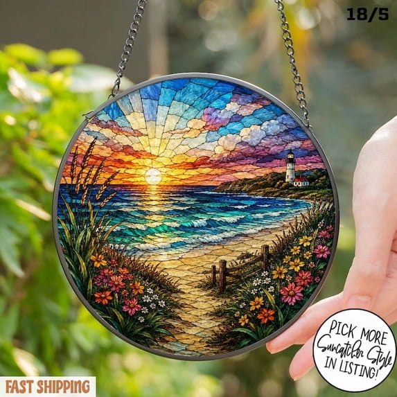 Coastal Sunset Printed Stained Glass Style Suncatcher, Beach Path ...