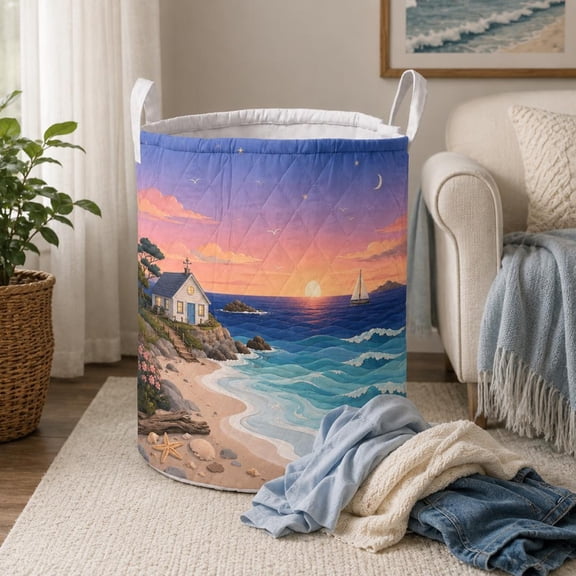 Coastal Sunset Quilted Laundry Hamper, Beach House Ocean Storage Basket