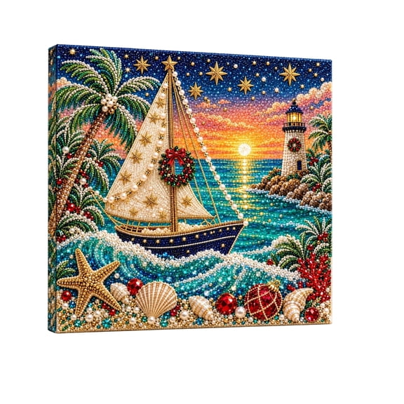 Coastal Sunset Sailboat Christmas DIY Pearl Painting Set, 20x20cm Ocean Gem Art Canvas Home Wall Decor, Nautical Special Shape Pearl Mosaic Handmade Craft Kit for Holiday Decoration & Gift
