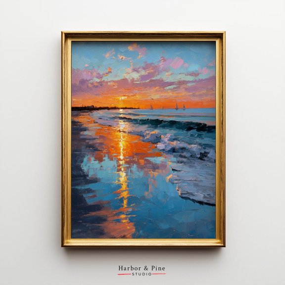 Coastal Sunset Seascape Vibrant Beach Moody Ocean, Stretched Canvas 8x10in