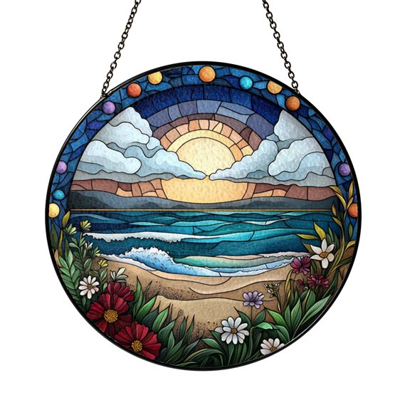 Coastal Sunset Stained Glass Suncatcher, Fantasy Beach Path Window Hanging Decor, Ocean Inspired Art Glass Panel Accent for Seaside Home Gift