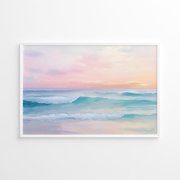 Coastal Sunset Waves Poster, Pastel Ocean Seascape Artwork, Serene Beach Wall Decor, Tranquil Summer Shoreline Scene Print Unframed Paper Print