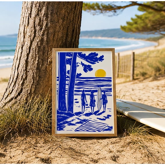 Coastal Surf Poster, Ocean & Pine Trees, Blue - Yellow Minimalist Beach Wall Art, French Atlantic Print , Poster Print Only