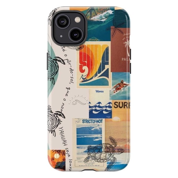 Coastal Surfer Collage iPhone Case for 17 16 15 14 13 12 11 Pro Plus Mini, Nautical Beach Sunset Art Cover