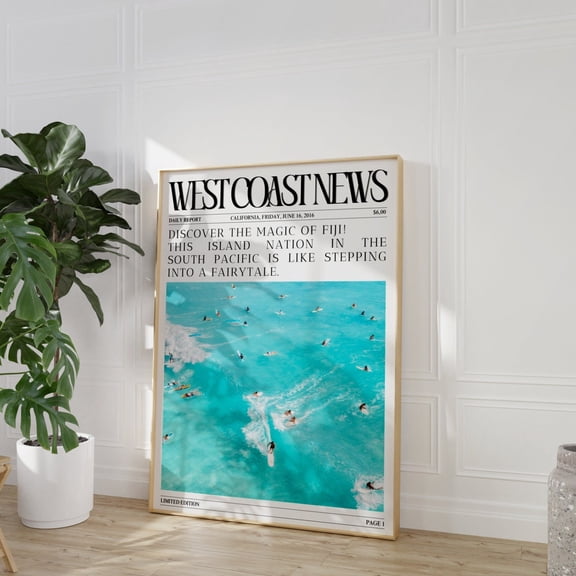 Coastal Surfer Poster, Newspaper Magazin Cover Poster, Preppy West Coast News Surfing Poster Wall Art, Beachy Beach Life Fiji California, Size 24x36 UNFFRAMED F03.1.7l2883