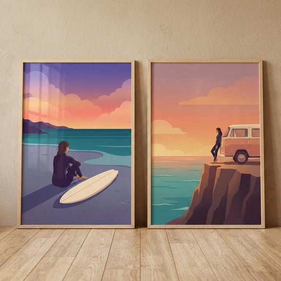 Coastal Surfing Wall Art SunBeach Illustration Surf Decor Retro Camper Van Set 2 Stretched Canvas 8x12