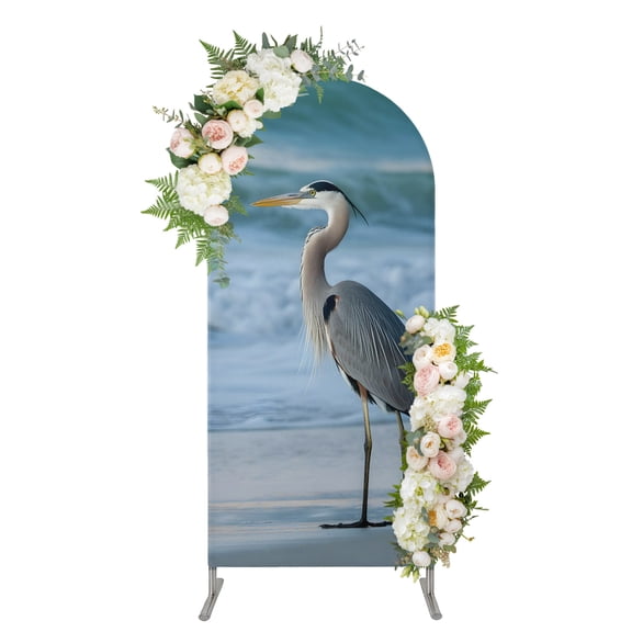 Coastal Swan Arch Backdrop Cover 5FT, Seaside Blue Gray Nature Ocean Shoreline Spandex Fitted Stretchy Arch Stand Covers, Round Top Chiara Backdrop Cover for Wedding Party Birthday Baby Shower