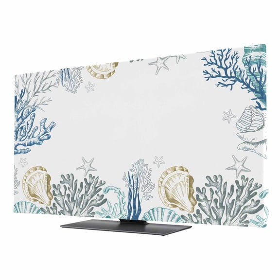 Coastal TV Cover for 24 Inch Screen, Stretch Fabric Dustproof TV Display Protector, Ocean Coral Shell Turquoise Blue Conch Elastic Slipcover Monitor Cover for Indoor Desktop Computer 20.9"x11.8"